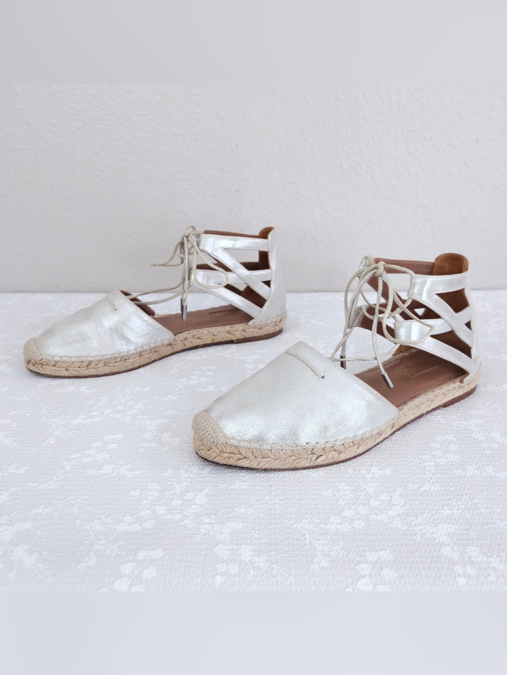 AQUAZZURA Belgravia Espadrille Flats Metallic Silver Leather Lace-Up Cut Out